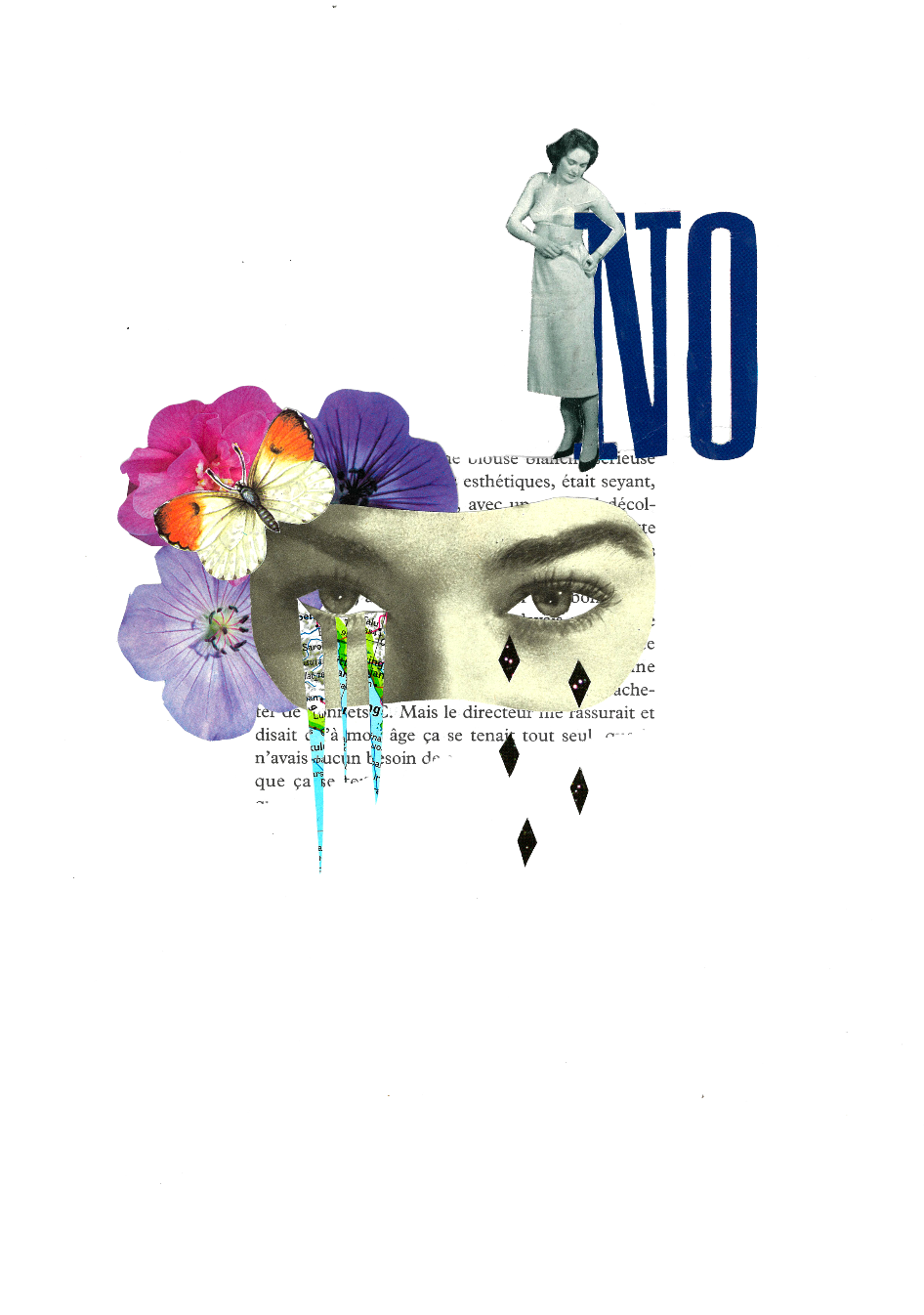 Collage with flowers, a face, and text, including a big 'NO' on a white background