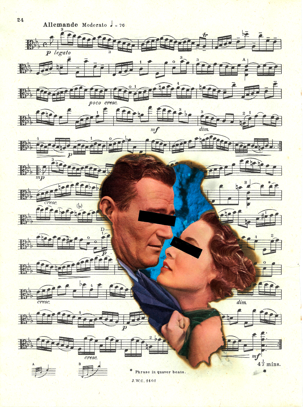 Handmade collage of a man and woman close together, almost about to kiss, set against a burned-out blue hole with sheet music behind them