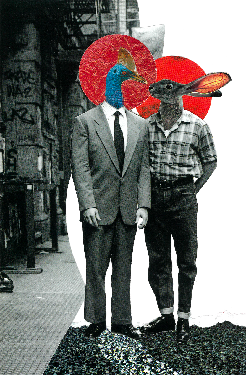 A handmade collage featuring two people, one with a diosaur head, the other with a rabbit head standing on a New York City street, one in a suit and the other in casual clothing, with a red circle in the background.