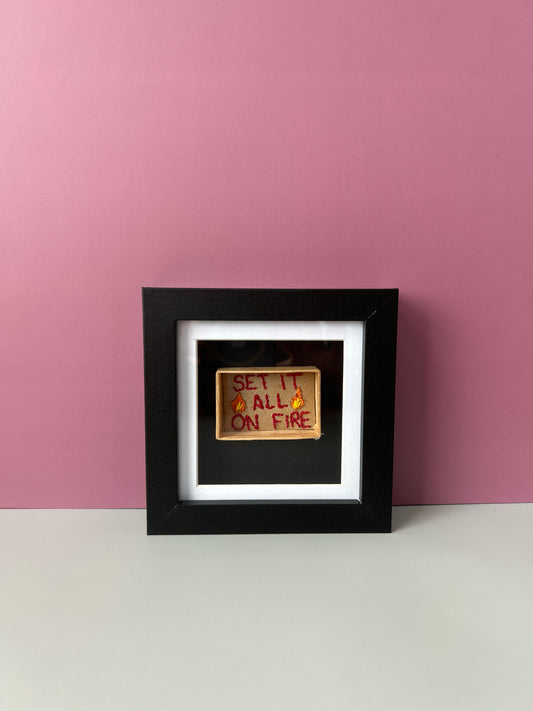 vintage embroidered matchbox that reads Set It All On Fore