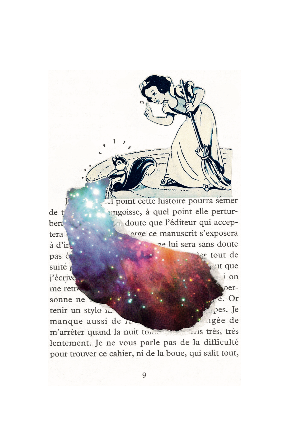 Handmade collage featuring a cartoon of Snow White and a squirrel sweeping a galaxy cut-out under a rug, with a book page in the background. 