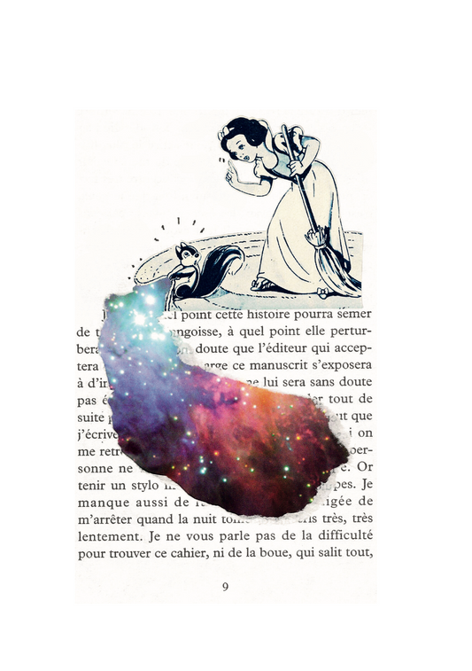 Handmade collage featuring a cartoon of Snow White and a squirrel sweeping a galaxy cut-out under a rug, with a book page in the background. 